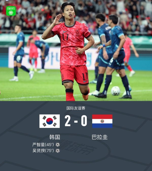 韩国2-0巴拉圭，严智星、吴贤揆破门，巴拉圭锋线屡失良机